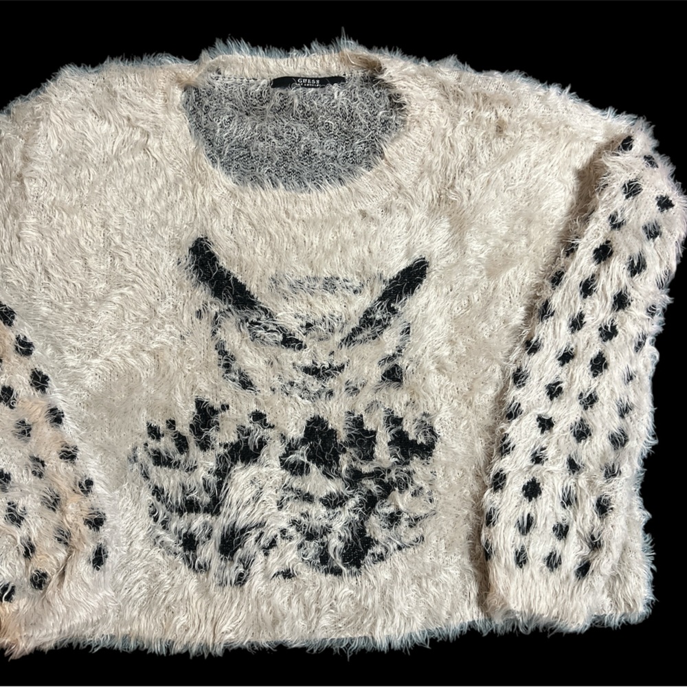 GUESS Los Angeles Womens Owl Print Fuzzy Fluffy SUPER SOFT Cropped Sweater X-LG
